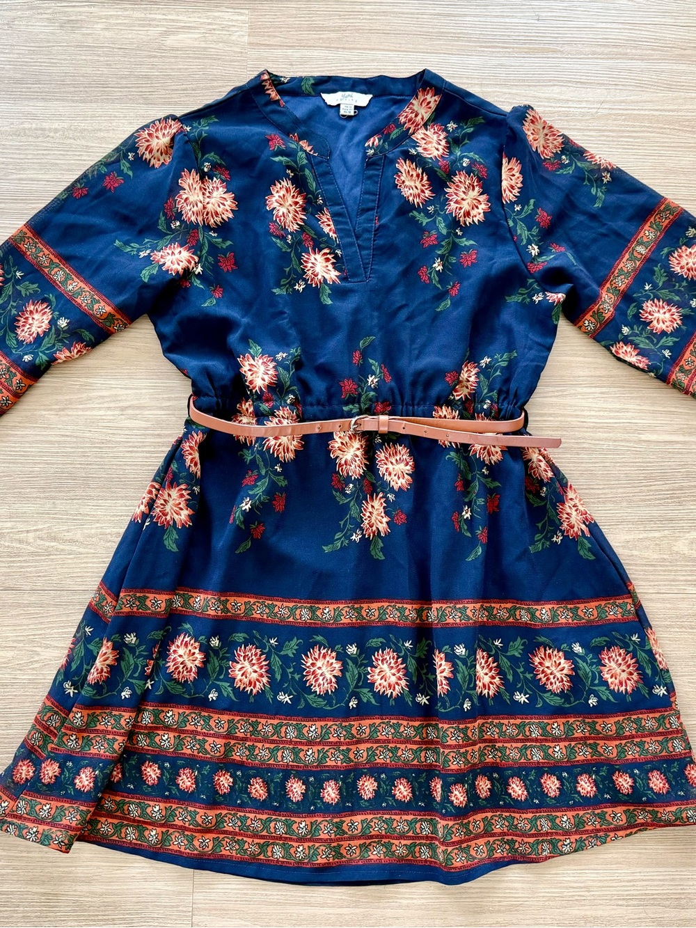 Yumi Kim Navy Floral Belted Tunic Dress with Peach Blooms